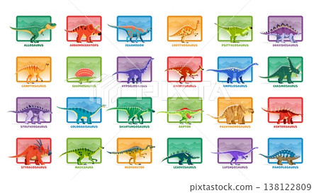 Prehistoric dinosaur species chart infographics. Extinct reptiles types visualization scheme, Jurassic era animals information vector chart. Paleontology dinosaurs size and names infographics graph 138122809