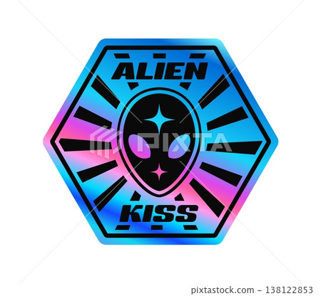 Space alien hologram vintage Y2K sticker or symbol. Glossy hologram retro patch, metallic color foil Y2K vector sticker. Reflective iridescent tag or label with alien face and typography 138122853