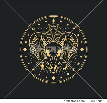 Witchcraft occult esoteric ram or goat skull symbol or seal. Tarot sorcery mystical seal, alchemy or astrology occult gold line vector sign. Esoteric symbol with pentagram, sun and moon, animal skull Witchcraft occult esoteric ram or goat skull symbol or seal. Tarot sorcery mystical seal, alchemy or astrology occult gold line vector sign. Esoteric symbol with pentagram, sun and moon, animal skull 138122855