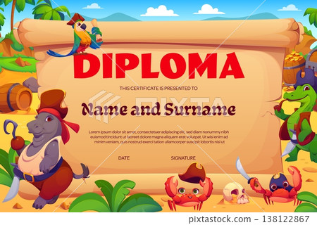 Kid diploma certificate with funny animal pirates and corsair characters on tropical island with beach scroll parchment background. Cartoon vector children award frame template with hippo or crocodile 138122867