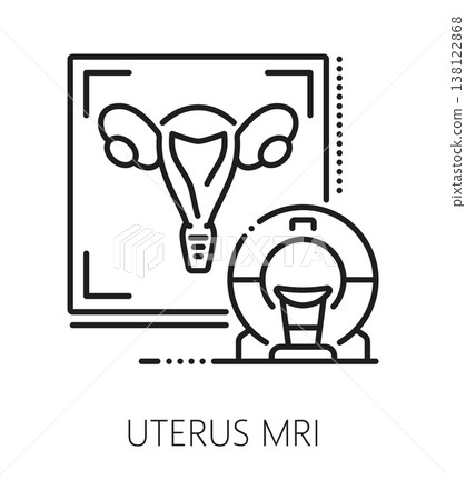 Uterus MRI gynecology medicine line icon or symbol. Pregnancy gynecology medicine symbol, urinary health lineart vector pictogram. Reproductive health and fertility icon with uterus and MRI scanner 138122868