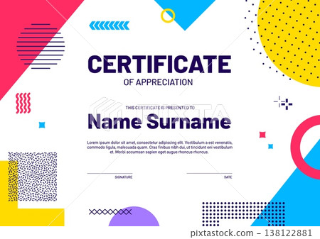 Modern certificate of appreciation template with geometric memphis background. Education career achievement vector certificate or appreciation diploma template with geometric shapes 138122881