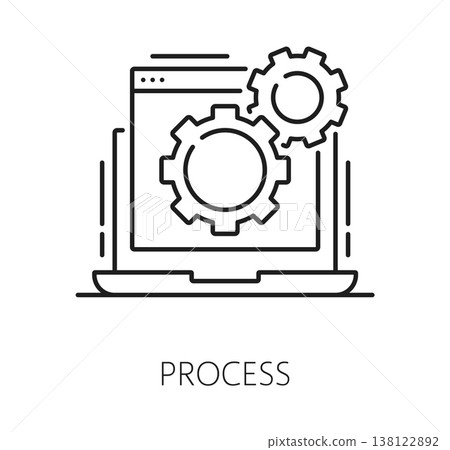Process robotic automation line icon or RPA symbol. Business robotic technology outline vector icon, process automation innovation lineart symbol. Production RPA pictogram with laptop, cogwheel 138122892