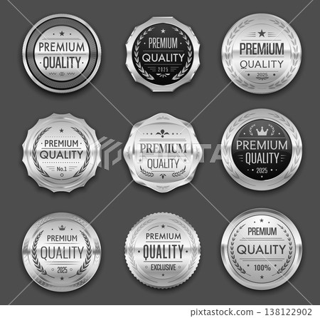 Premium quality silver badges and labels, award seals with laurel wreaths, crown and stars. Vector stickers for premium quality guarantee, exclusive and number one product round shape medal badges set Premium quality silver badges and labels, award seals with laurel wreaths, crown and stars. Vector stickers for premium quality guarantee, exclusive and number one product round shape medal badges set 138122902