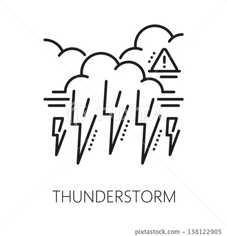 Thunderstorm natural disaster, catastrophe line icon. Natural catastrophe thin line pictogram, environmental disaster vector sign. Thunderstorm outline icon with lightning bolt coming from sky cloud Thunderstorm natural disaster, catastrophe line icon. Natural catastrophe thin line pictogram, environmental disaster vector sign. Thunderstorm outline icon with lightning bolt coming from sky cloud 138122905