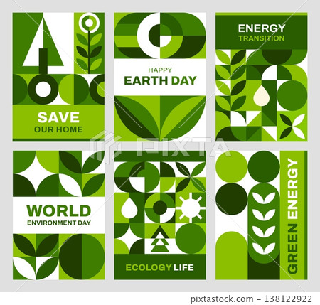 Environment ecology posters with geometric pattern of vector abstract plants and leaves, sun and drops. Eco energy and Happy Earth Day posters set with modern minimal pattern of green geometric shapes Environment ecology posters with geometric pattern of vector abstract plants and leaves, sun and drops. Eco energy and Happy Earth Day posters set with modern minimal pattern of green geometric shapes 138122922