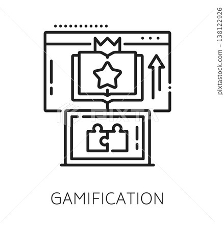 Corporate LMS gamification line icon or sign. Corporate LMS software business sign, learning management system platform vector icon. Education course technology symbol with book, laptop and puzzle Corporate LMS gamification line icon or sign. Corporate LMS software business sign, learning management system platform vector icon. Education course technology symbol with book, laptop and puzzle 138122926