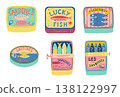 Sardine tins vector collection. Hand drawn canned seafood set isolated elements. Mediterranean fish food. 138122997