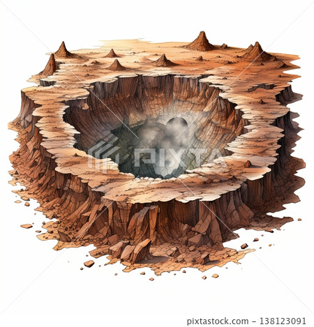 Dramatic Desert Crater Illustration Perfect for Geological Studies and Creative Designs 138123091