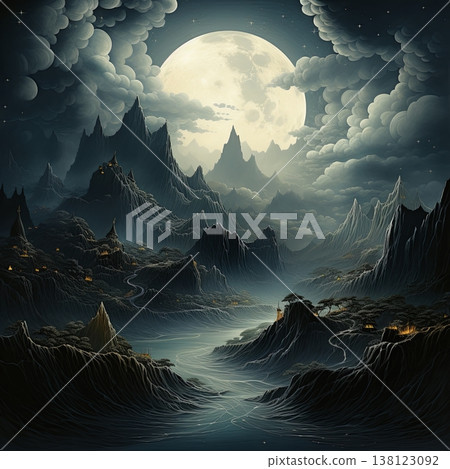 Mystical Mountain Landscape Under a Full Moon A Fantasy World of Adventure and Wonder 138123092