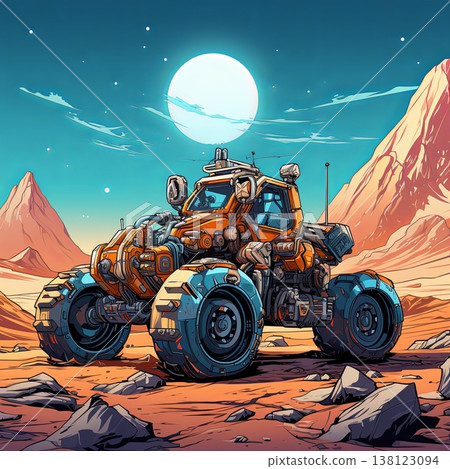 Futuristic Rover Exploring a Barren Alien Planet Landscape Under Moonlight Scenery 138123094