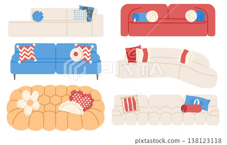 Collection of modern sofas with cushions. Set of flat illustrations. 138123118