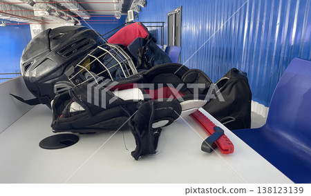 skate knee guard with helmet on the table 138123139