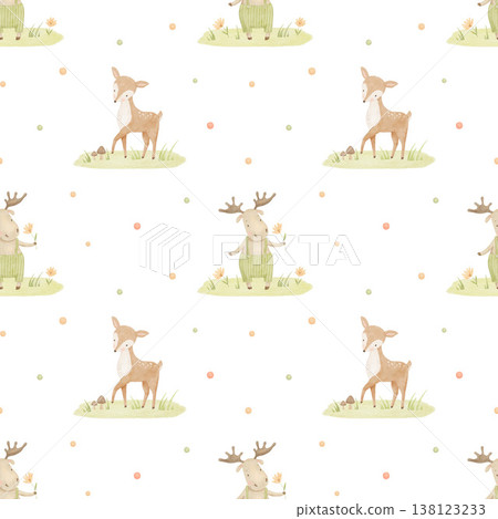 Seamless pattern with cute funny animals for nursery design, woodland watercolour illustrations for baby textile and fabric Seamless pattern with cute funny animals for nursery design, woodland watercolour illustrations for baby textile and fabric 138123233