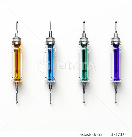 Modern Collection of Colorful Syringes on White Backdrop for Medical and Scientific Uses 138123251
