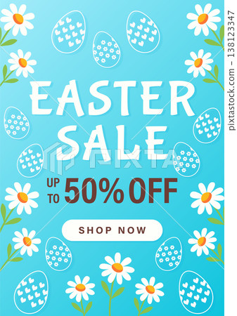 Easter discount flyer with daisies and decorative eggs vector illustration. 138123347