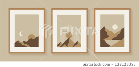 Japandi wall art set with abstract mountain landscapes vector illustration. Japandi wall art set with abstract mountain landscapes vector illustration. 138123353