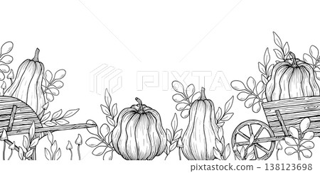 Seamless border with a wooden cart, pumpkins, leaves, mushrooms. Botanical vector illustration. Hand drawn in black ink. Outline banner with vegetables for Thanksgiving and harvest Seamless border with a wooden cart, pumpkins, leaves, mushrooms. Botanical vector illustration. Hand drawn in black ink. Outline banner with vegetables for Thanksgiving and harvest 138123698