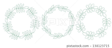 Set of elegant round frames, garlands, wreaths made from branches and leaves. Botanical vector illustration. Hand drawn in black ink. Outline art with vegetables for Thanksgiving, invitations, quotes 138123715