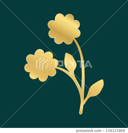 A graphic design features two golden flowers with gracefully curved stems and small leaves. A graphic design features two golden flowers with gracefully curved stems and small leaves. 138123868