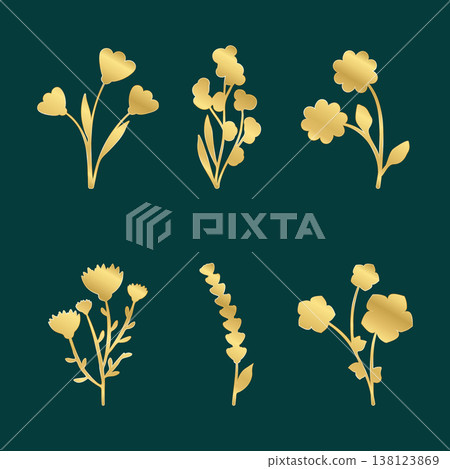 Six distinct golden floral elements are arranged on a rich, dark green background. These elegant botanical illustrations feature various flower and plant shapes, perfect for luxurious designs. 138123869