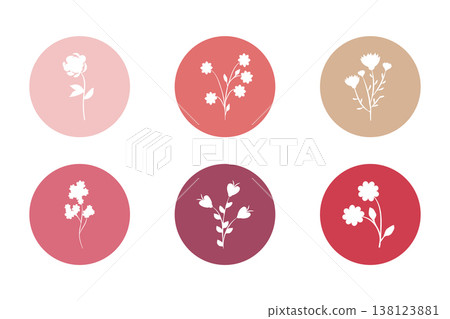 Six distinct white flower silhouettes are displayed within colorful circular backgrounds. Each circle features a unique floral design with various pastel and muted colors. 138123881