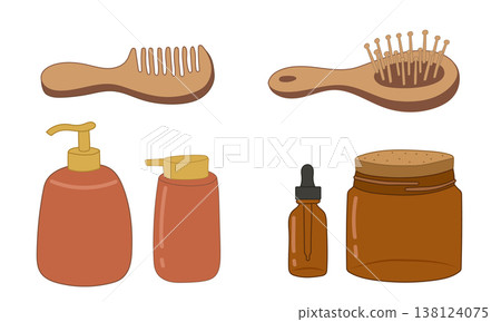 Bathroom beauty set with hair brush, soap and serum bottle 138124075