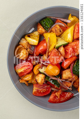 Roasted vegetable salad with croutons in bowl Roasted vegetable salad with croutons in bowl 138124081