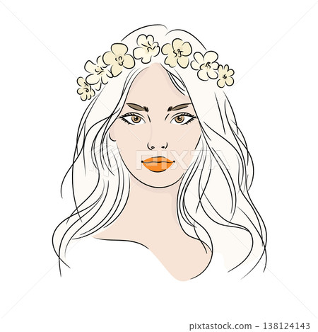 Beautiful woman portrait in a flower wreath, elegant female avatar with long hair, flat vector illustration in line graphics style isolated on white background. Beautiful woman portrait in a flower wreath, elegant female avatar with long hair, flat vector illustration in line graphics style isolated on white background. 138124143