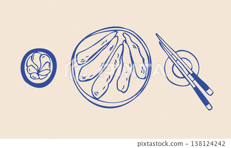 Hand Drawn Sushi Set. Vector Line Art Japanese Food Illustration 138124242