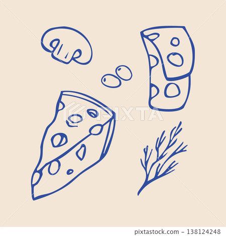 Hand Drawn Cheese Doodle Set. Vector Line Art Food Illustration 138124248