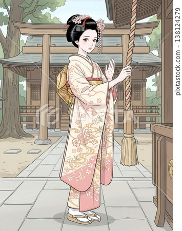 一位梳著傳統日式髮型的年輕女子正在參觀神社。 138124279