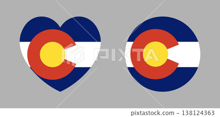 Colorado flag circle, heart shaped badge, button. State of Colorado symbol icons set. USA state flag in round, heart shapes banner, sticker. 138124363