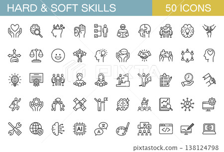 A set of line icons for hard skills and soft skills. 138124798