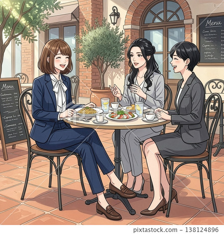 一位身穿職業套裝的年輕女子正在和同事共進午餐。 一位身穿職業套裝的年輕女子正在和同事共進午餐。 138124896