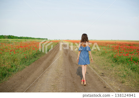Back view of a woman in a blue dress walking along a dirt road between red poppy fields. Back view of a woman in a blue dress walking along a dirt road between red poppy fields. 138124941