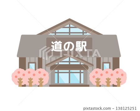 Roadside station building, cherry blossoms, illustration Roadside station building, cherry blossoms, illustration 138125251