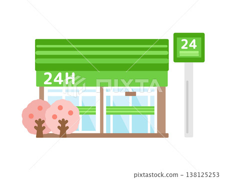 Green convenience store building, cherry blossoms, illustration 138125253