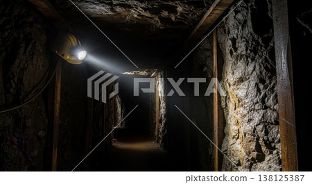 A yellow mining hard hat hanging in a dark, timber-supported underground shaft with its headlamp casting a bright beam on rocky walls A yellow mining hard hat hanging in a dark, timber-supported underground shaft with its headlamp casting a bright beam on rocky walls 138125387