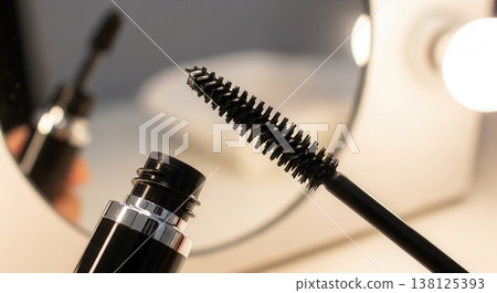 Close-up of a black mascara wand and open tube in front of a lighted vanity mirror. Professional beauty and makeup application photography. 138125393