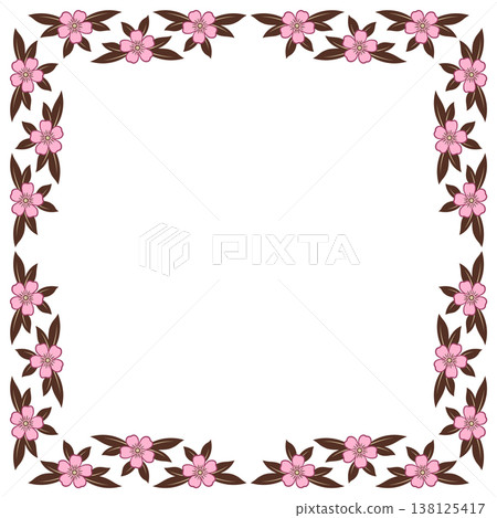 Square frame of pink flowers and brown leaves 138125417