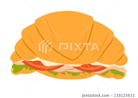 Croissant sandwich with ham cheese and vegetables. Flat vector illustration isolated on white background 138125631