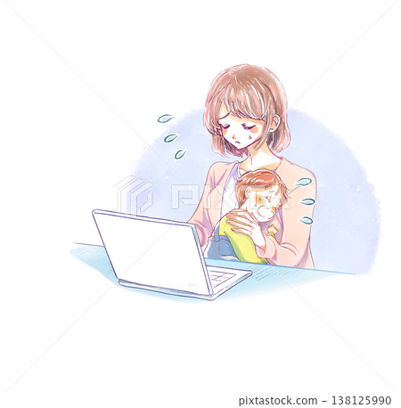 Woman operating laptop while holding crying child in her arms - troubled Woman operating laptop while holding crying child in her arms - troubled 138125990