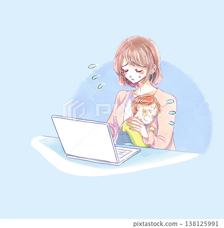 一名女子一邊抱著哭泣的孩子一邊操作筆記型電腦——情況令人擔憂。 138125991