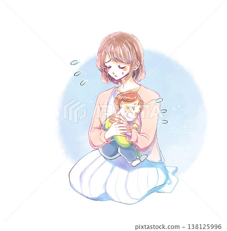 A woman holding a crying child is troubled A woman holding a crying child is troubled 138125996