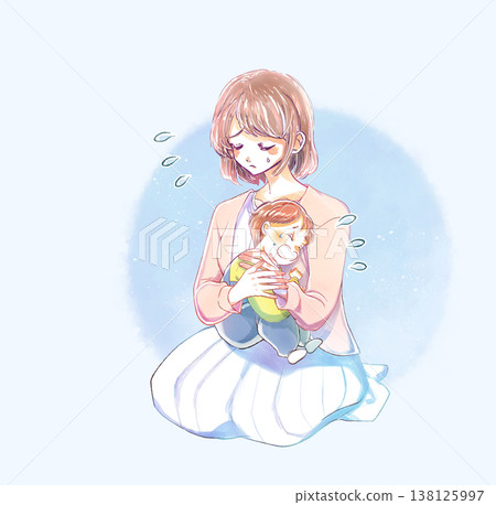 一位抱著哭泣孩子的婦女心事重重。 一位抱著哭泣孩子的婦女心事重重。 138125997