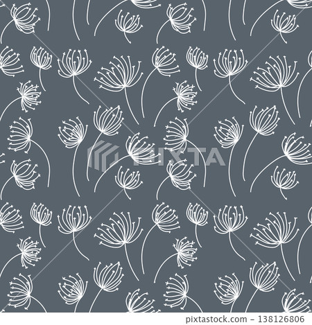 Seamless pattern with hand drawn dandelion seeds in black line art on dark background. For wallpaper, textile Seamless pattern with hand drawn dandelion seeds in black line art on dark background. For wallpaper, textile 138126806