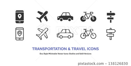 A set of icons for airplanes, cars, bicycles, and navigation elements such as road signs and smartphone maps. Includes line art and colored materials. A set of icons for airplanes, cars, bicycles, and navigation elements such as road signs and smartphone maps. Includes line art and colored materials. 138126830