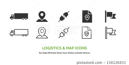 A set of icons related to logistics and navigation, including trucks and maps. Includes line art and filled vector graphics. A set of icons related to logistics and navigation, including trucks and maps. Includes line art and filled vector graphics. 138126831