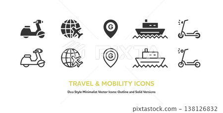 A set of icons for world travel and vehicles, including motorcycles, boats, and globes. Includes line art and colored vector graphics. A set of icons for world travel and vehicles, including motorcycles, boats, and globes. Includes line art and colored vector graphics. 138126832